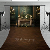 Aperturee - Aperturee Elegant Vintage Fireplace Sweep Backdrop Dark Green Mural Wall with Candles Moody Romantic Photo Floor Drop